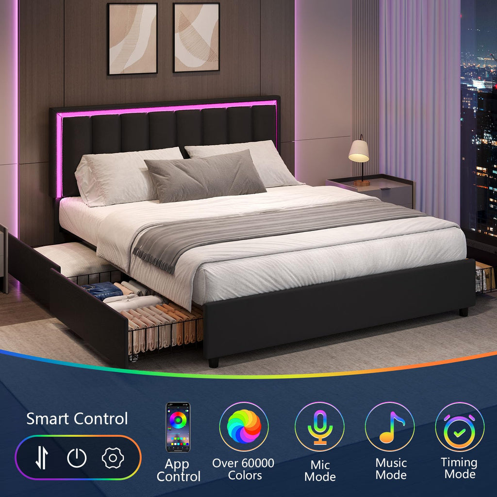 Black Full Size Upholstered Bed Frame with 4 Drawers and LED Lights X5537