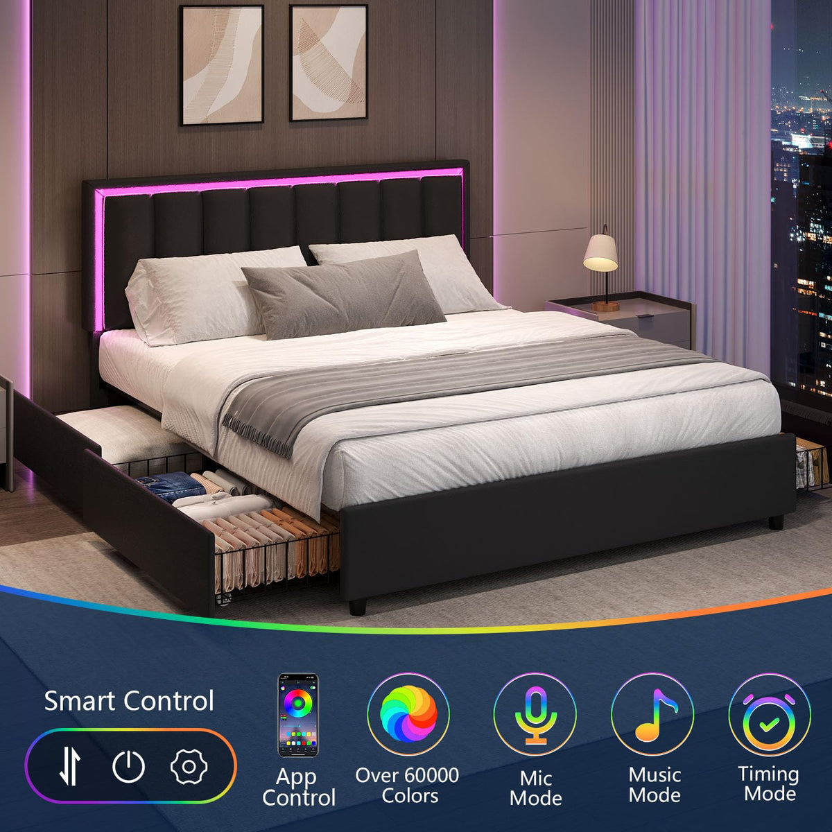 Black Full Size Upholstered Bed Frame with 4 Drawers and LED Lights X5537