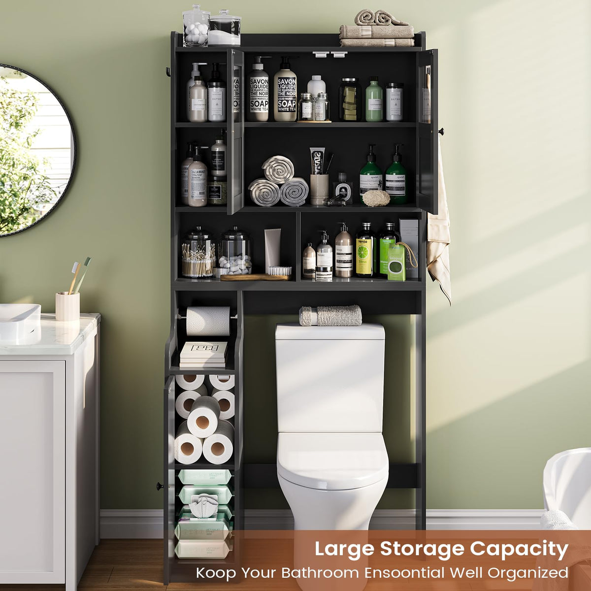 Over The Toilet Storage Cabinet with Glass Doors & Toilet Paper Holder Stand Z413