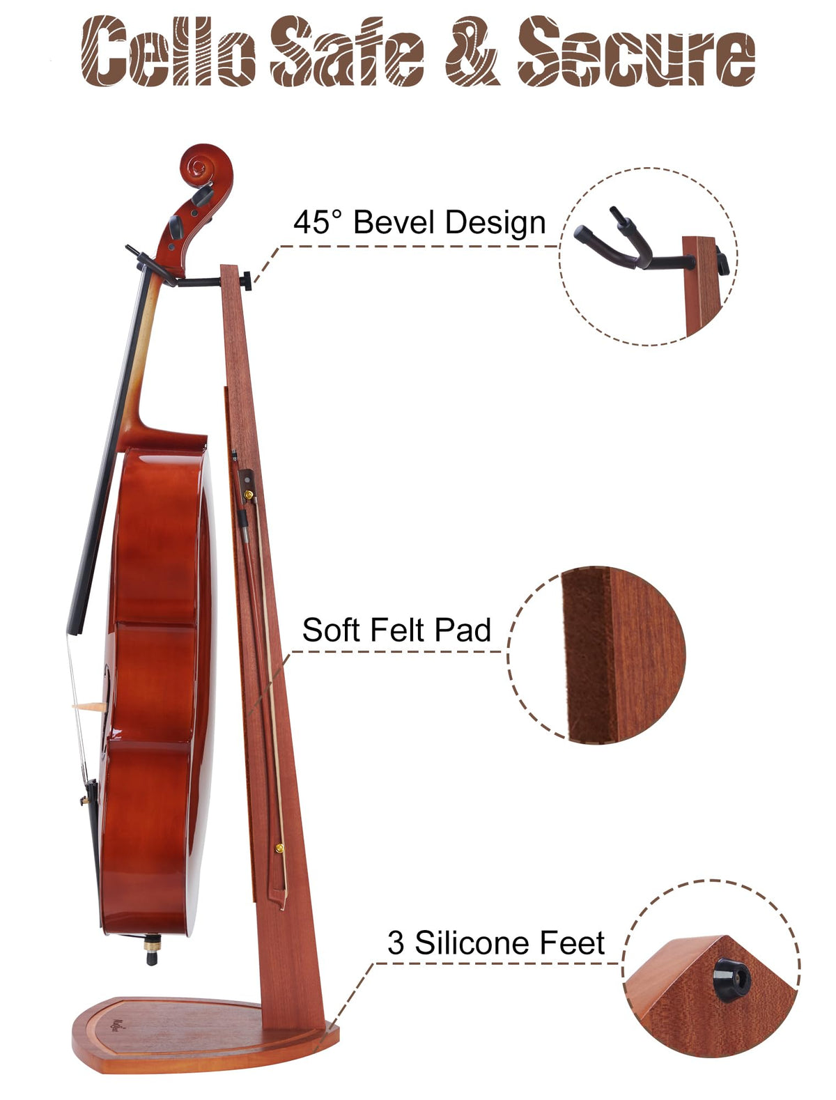 Mahogany Wood Cello Stand with Bow Holder W768