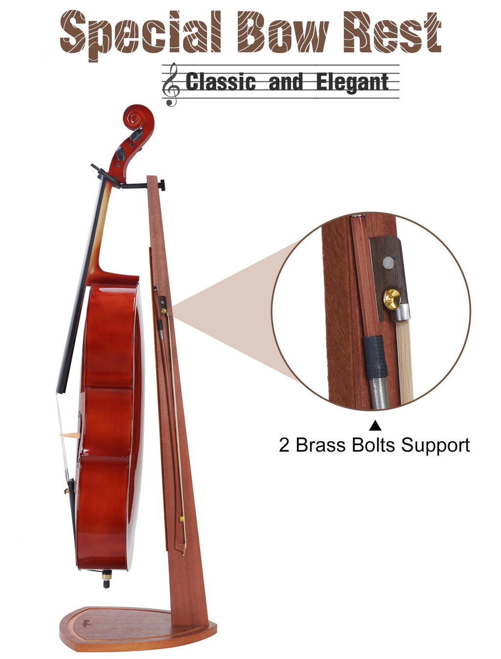 Mahogany Wood Cello Stand with Bow Holder W768