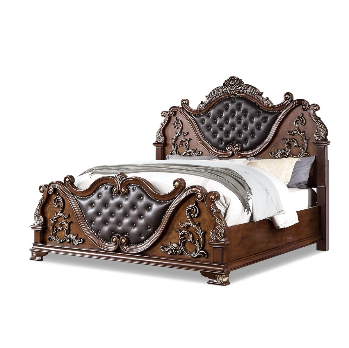 Brown Cherry California King Size Tufted Leatherette Bed V2937