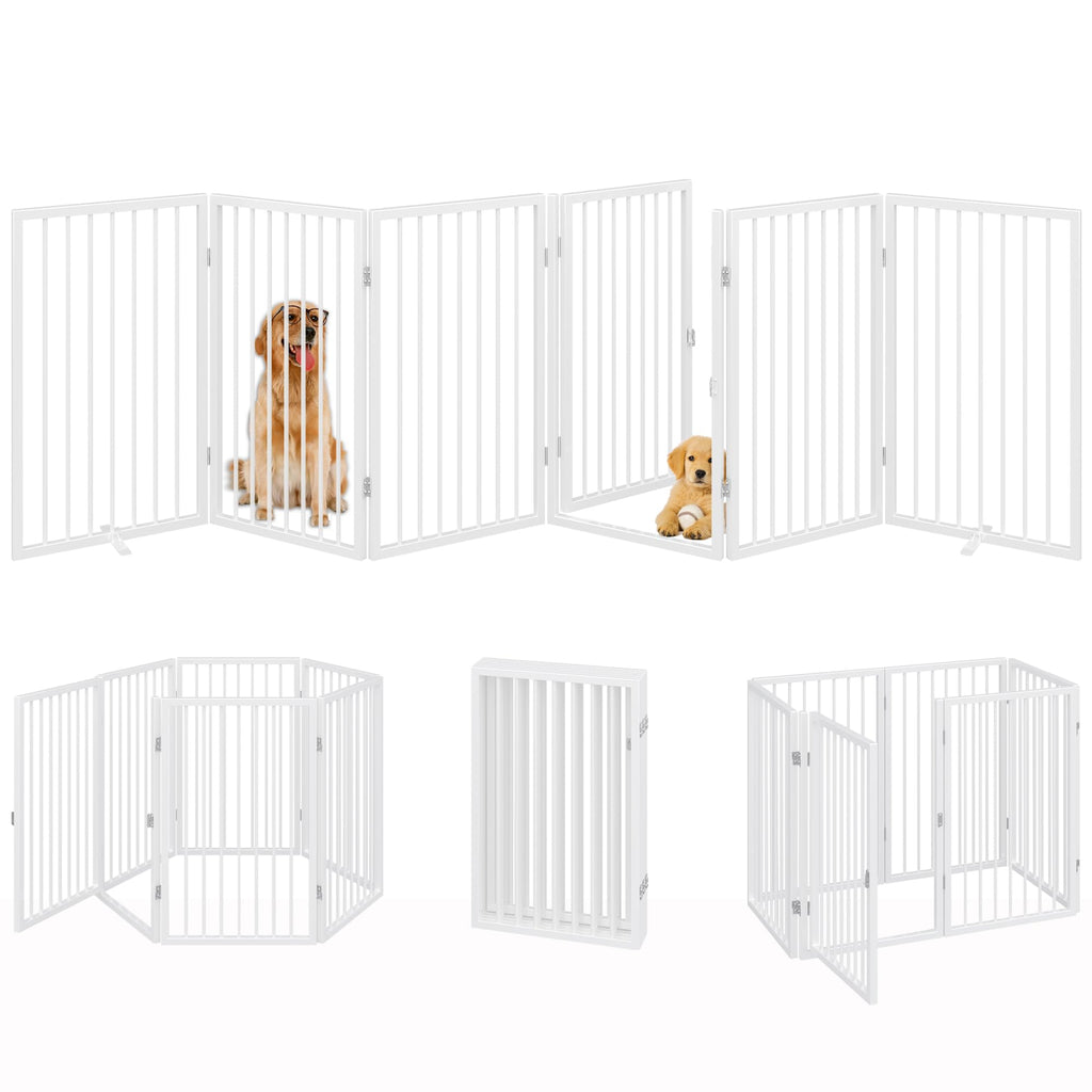120" x 32" Foldable Freestanding Extra Wide Dog Gate with Door, White R55502