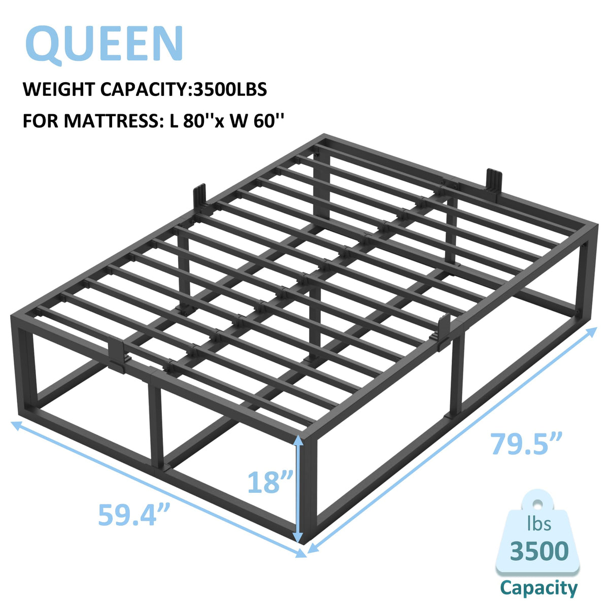 18 Inch Queen Size Black Metal Platform Bed Frame L449