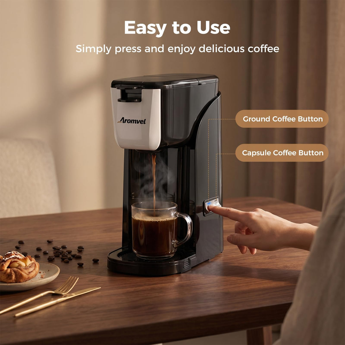2-in-1 Single Serve Coffee Maker, K Cup & Ground, 6-14 oz, Silver R2159