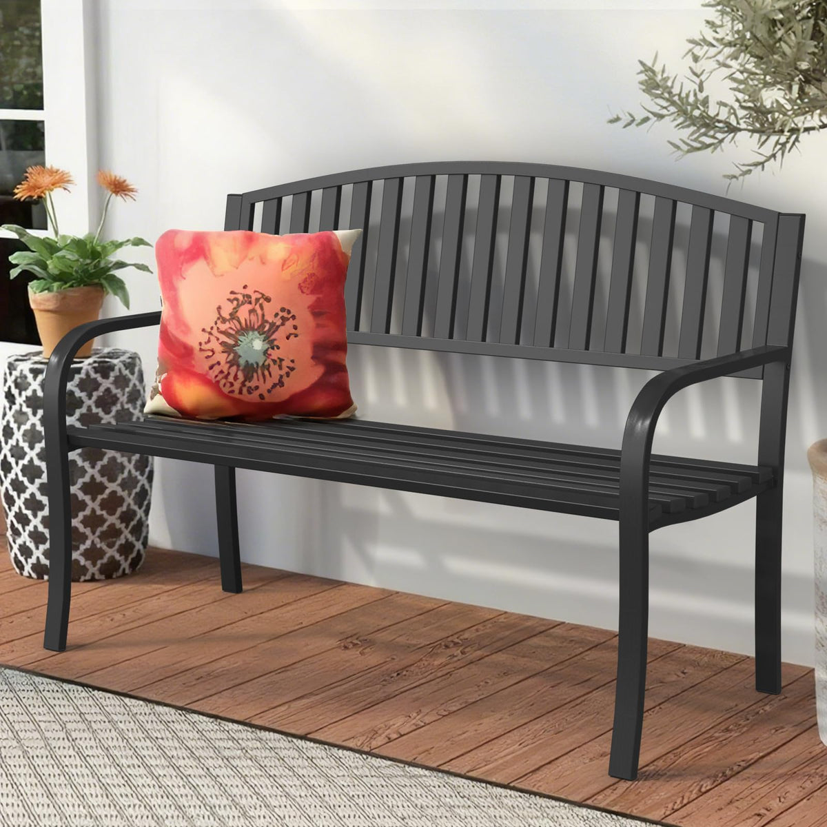 50" Iron Metal Outdoor Bench with Backrest and Armrests W811