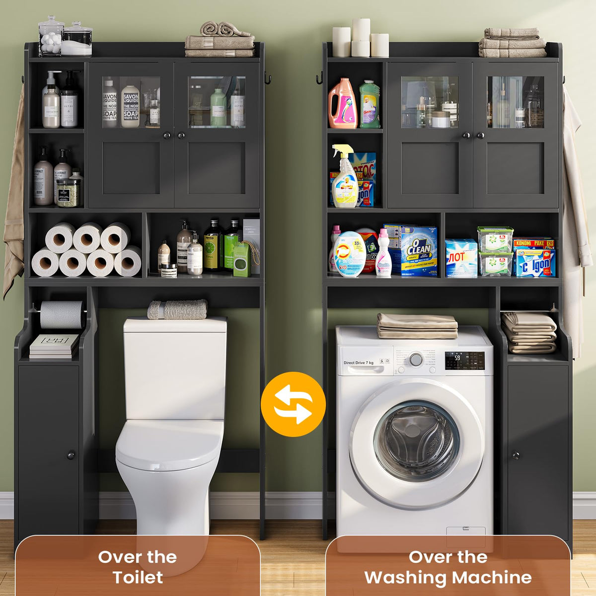 Over The Toilet Storage Cabinet with Glass Doors & Toilet Paper Holder Stand Z413