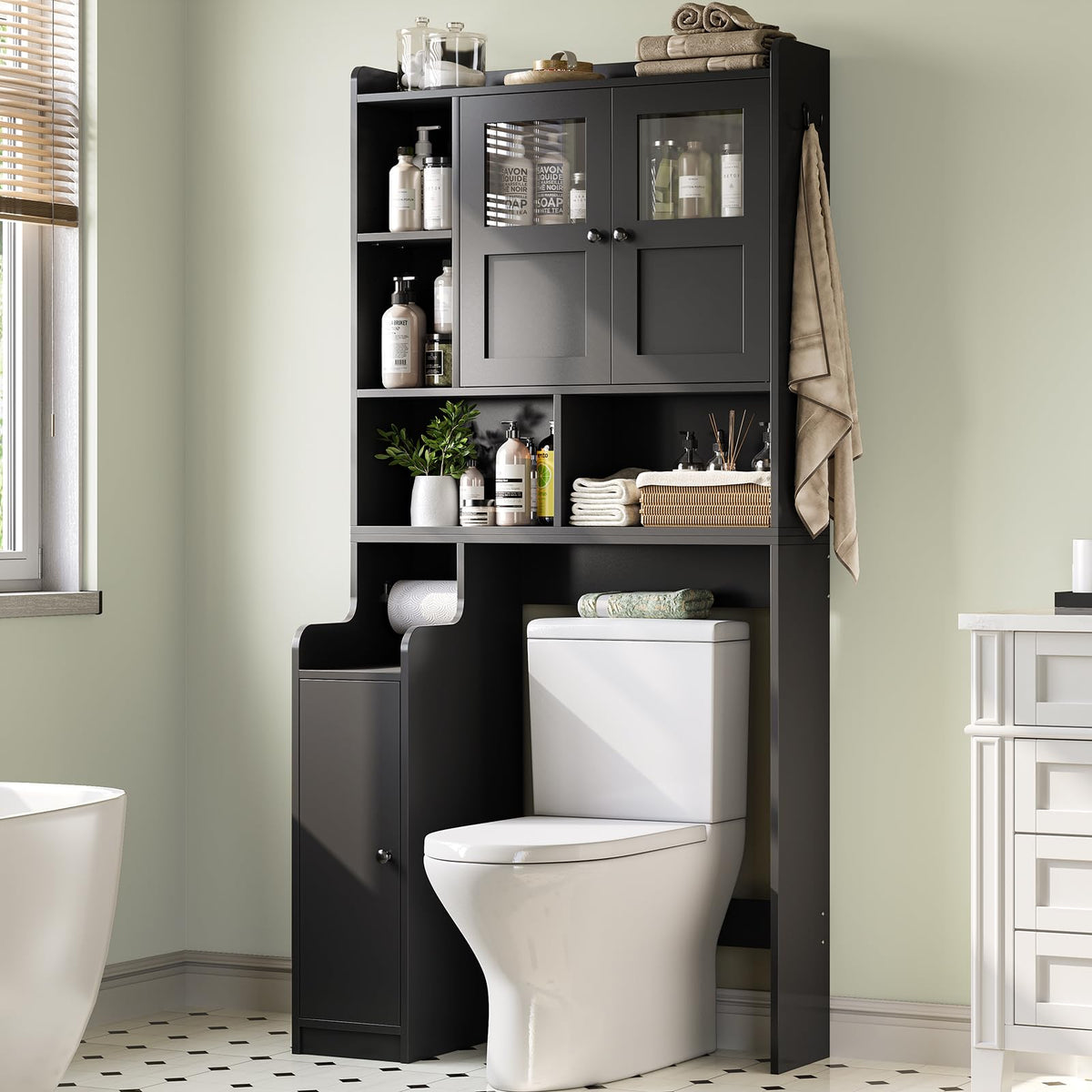 Over The Toilet Storage Cabinet with Glass Doors & Toilet Paper Holder Stand Z413
