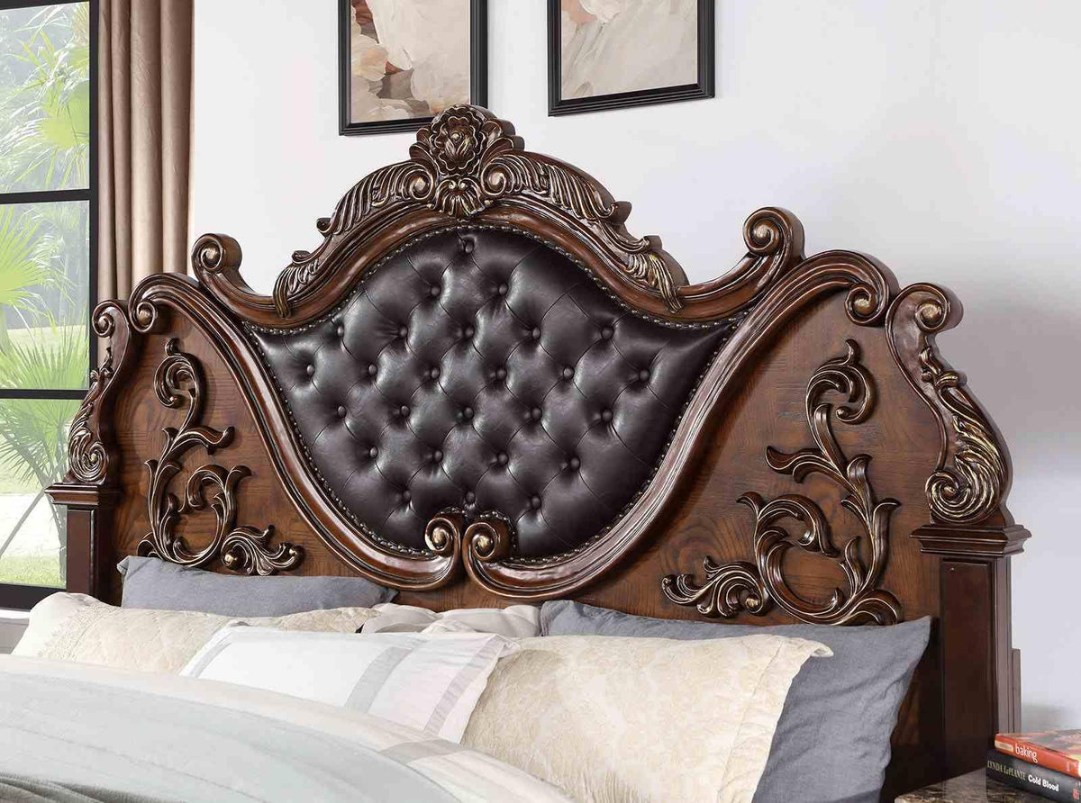 Brown Cherry California King Size Tufted Leatherette Bed V2937