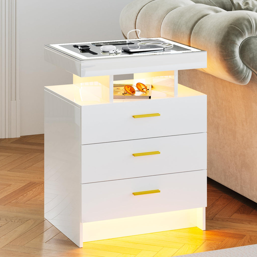 White LED Nightstand with Wireless Charging Station M85301