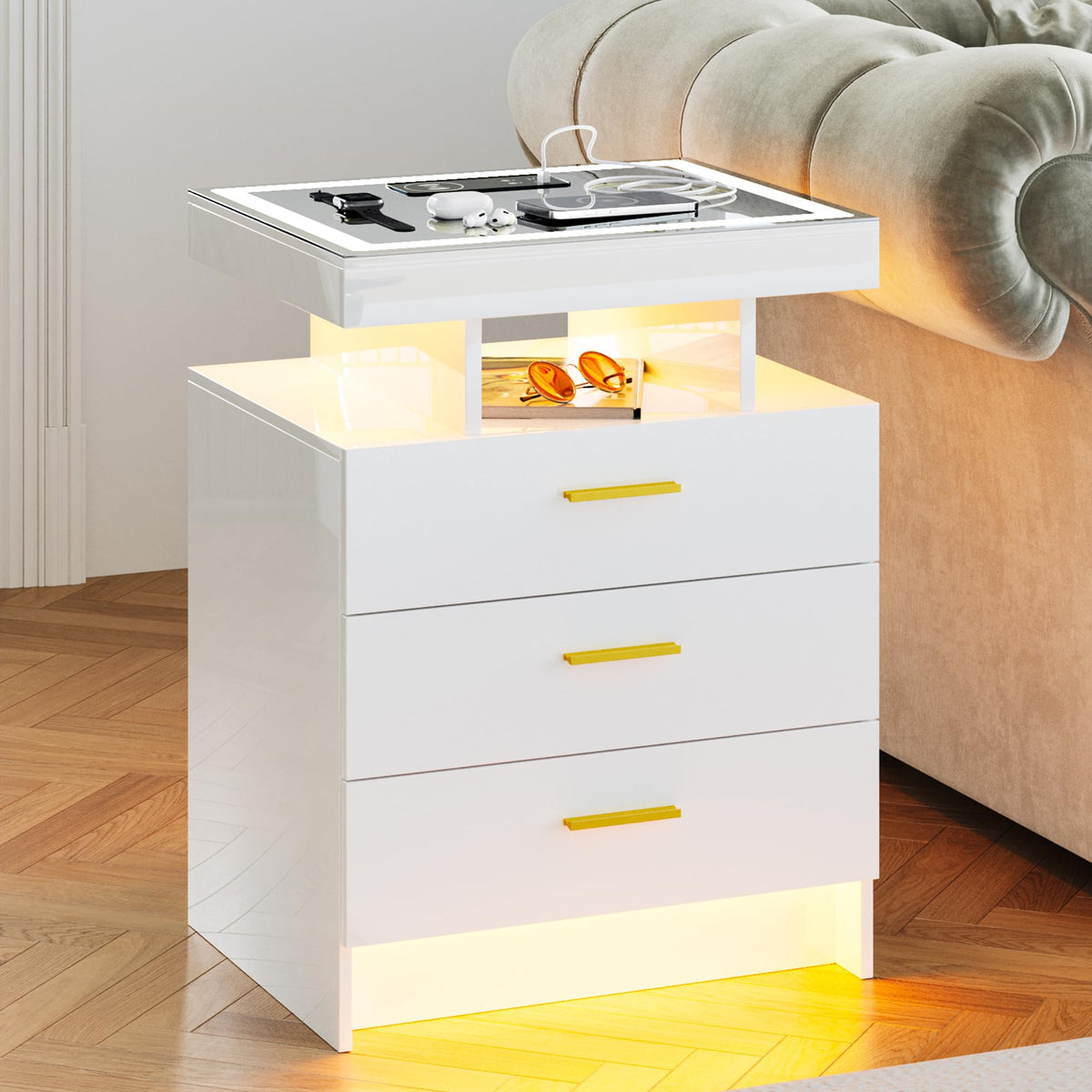 White LED Nightstand with Wireless Charging Station M85301