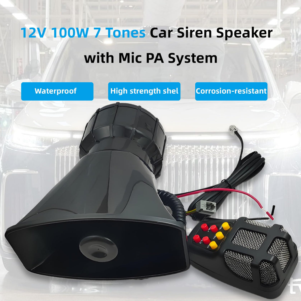 12V 100W 7 Tone Car Siren Horn Speaker with Microphone V282