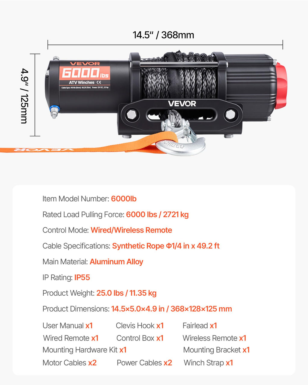6000 lbs 12V Electric Winch with Synthetic Rope L650457