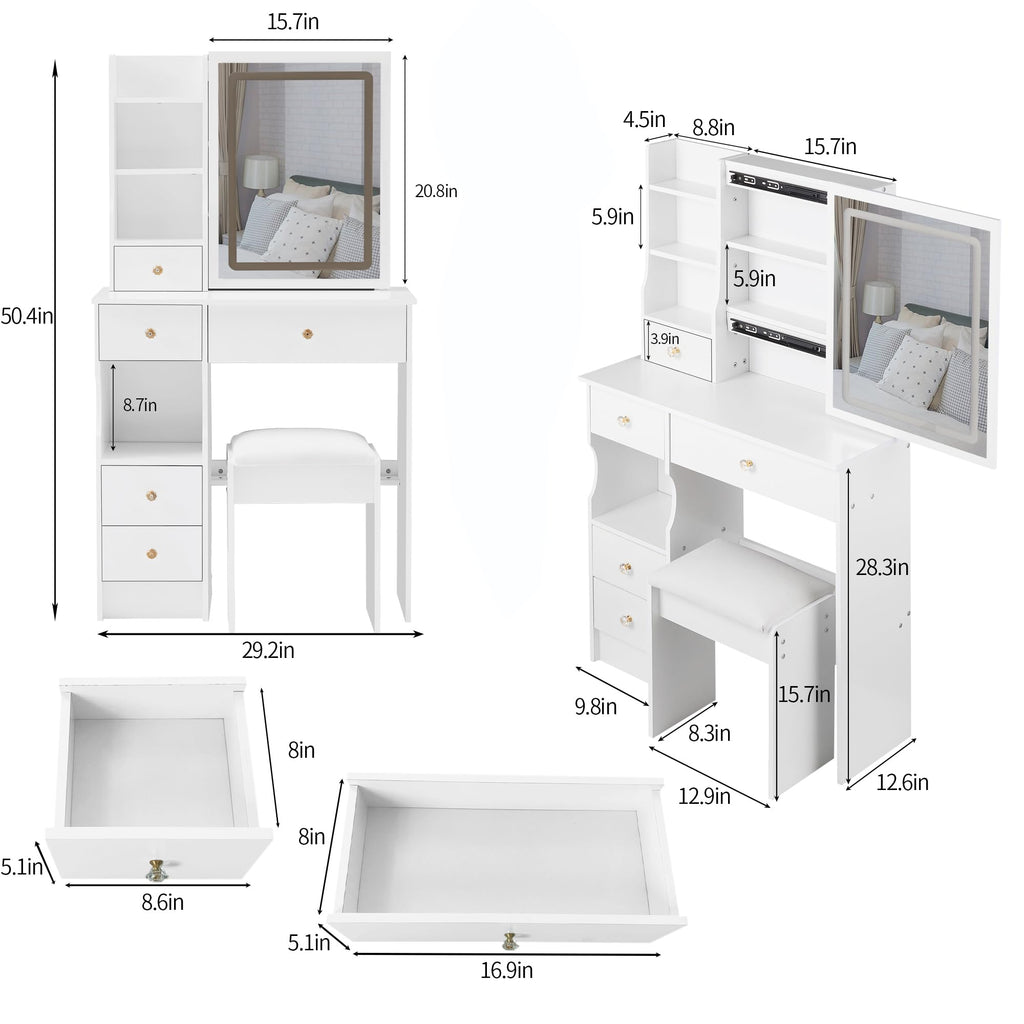 White Vanity Desk with Lighted Mirror and Stool Y34006