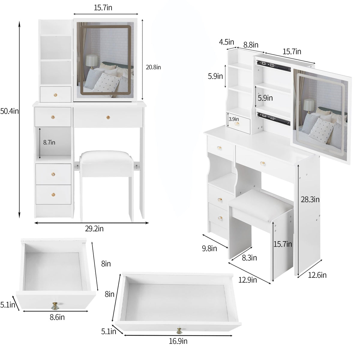White Vanity Desk with Lighted Mirror and Stool Y34006
