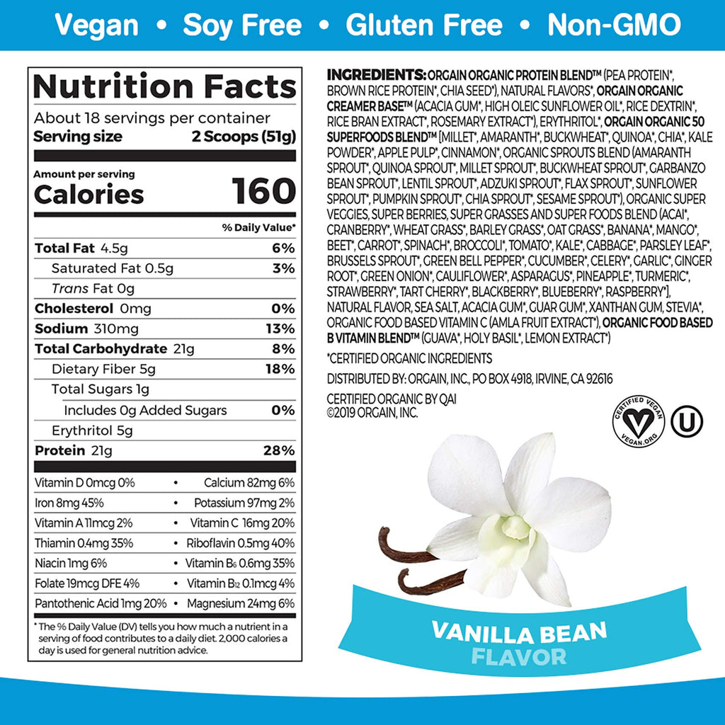 Organic Vegan Protein Powder + Greens, Creamy Chocolate Fudge, Vanilla Bean R557