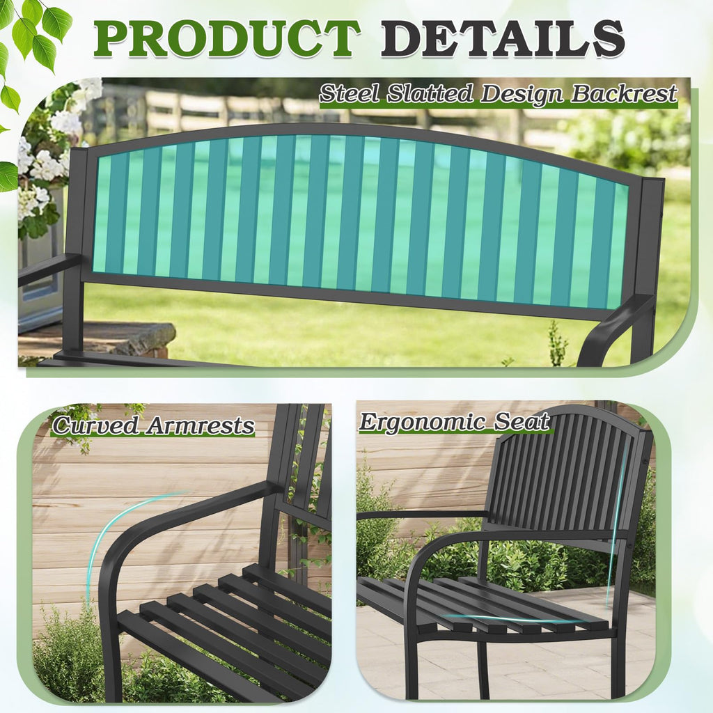 50" Iron Metal Outdoor Bench with Backrest and Armrests W811