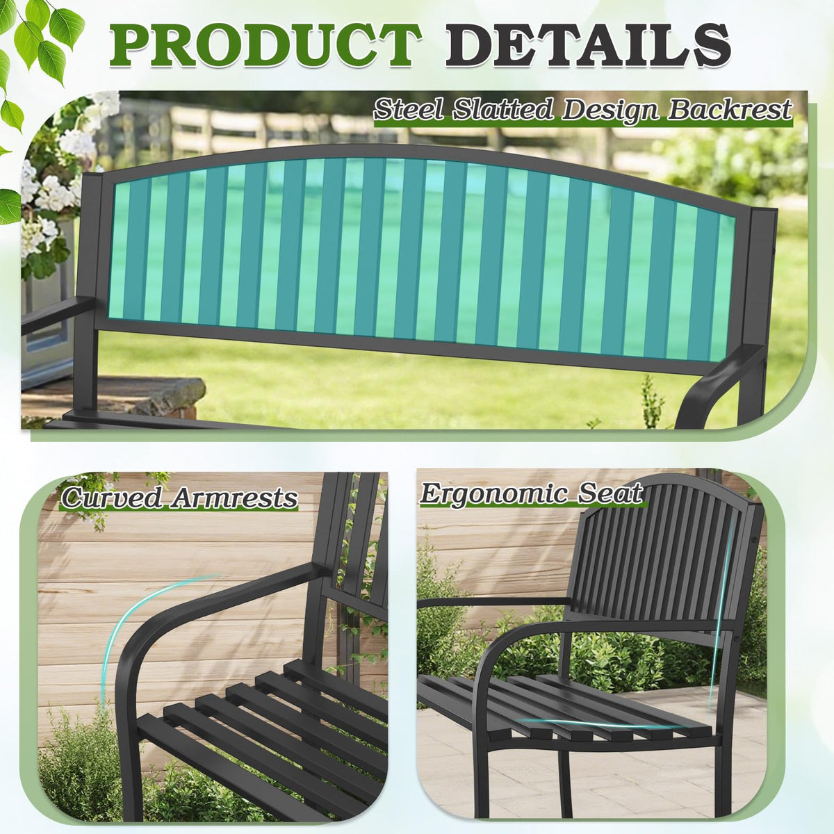 50" Iron Metal Outdoor Bench with Backrest and Armrests W811