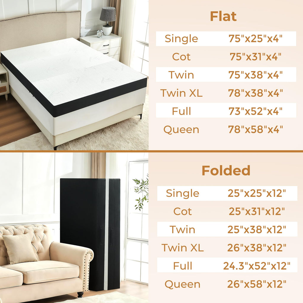 4 Inch Full Size Foldable Memory Foam Trifold Mattress K8111