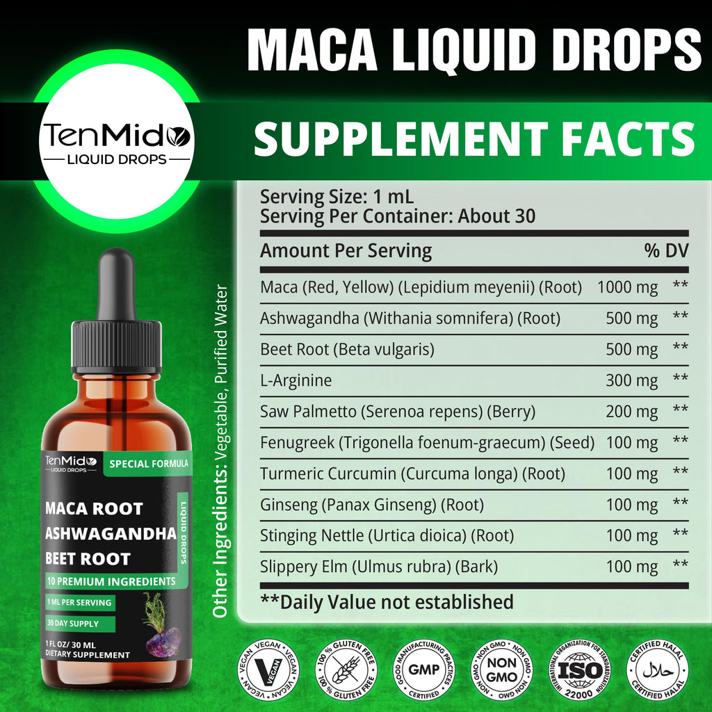 Maca Liquid Drops with Ashwagandha, Fenugreek, Beet Root, L-Arginine, Turmeric, Ginseng P452081
