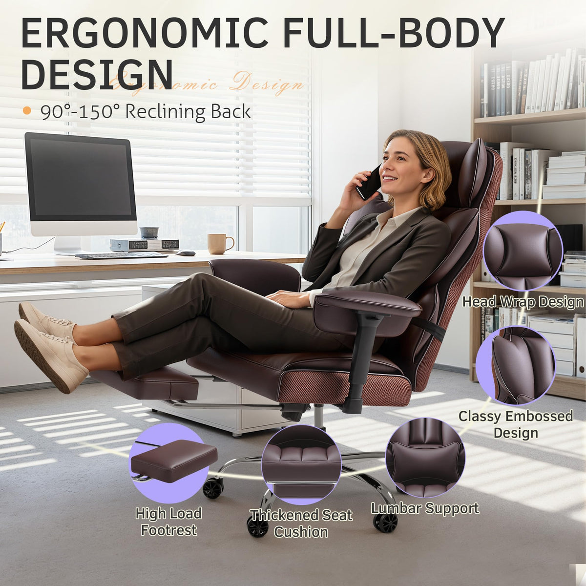 Big and Tall Brown Ergonomic Office Chair with Footrest Q154462
