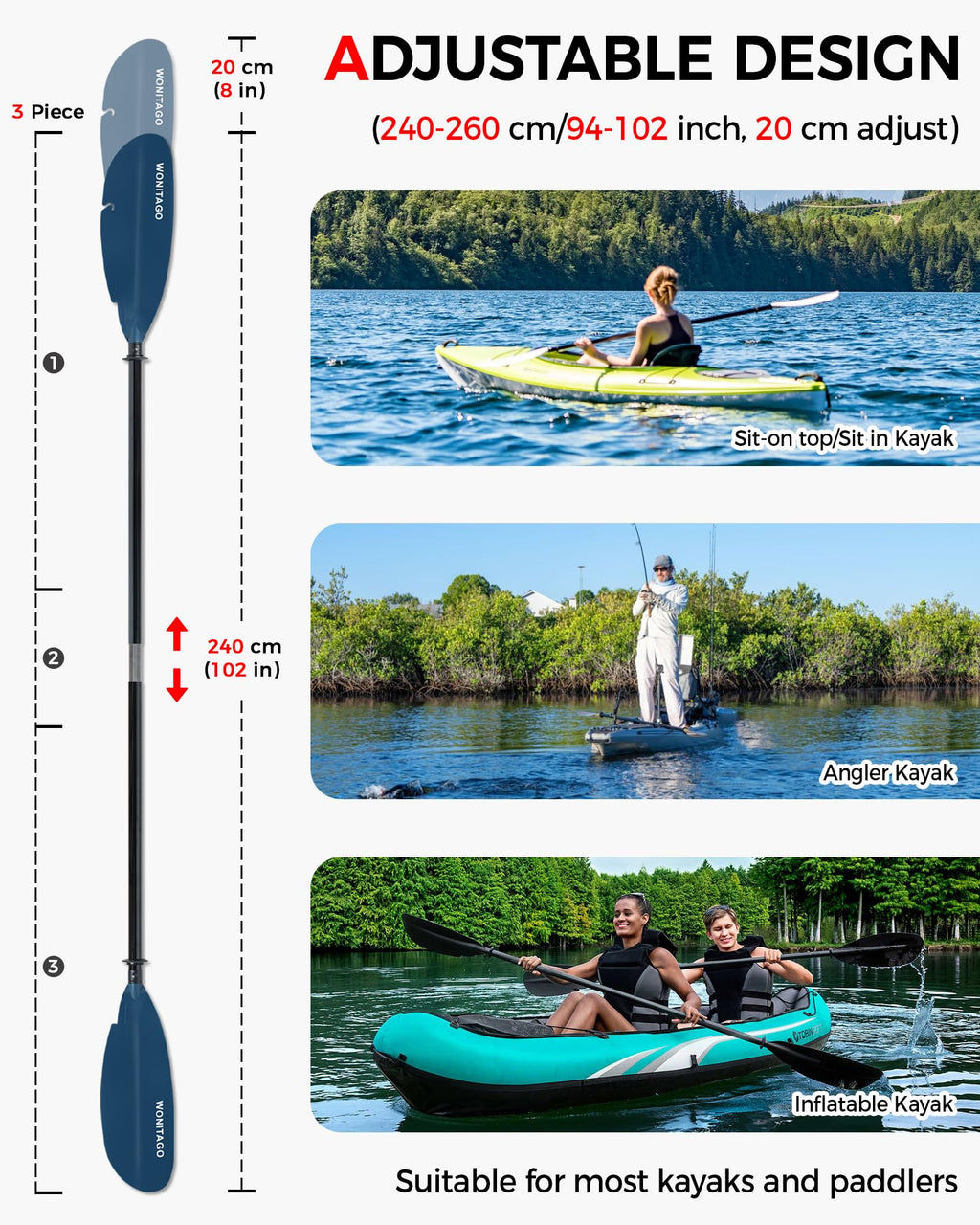 Adjustable Fiberglass Kayak Paddle W620814
