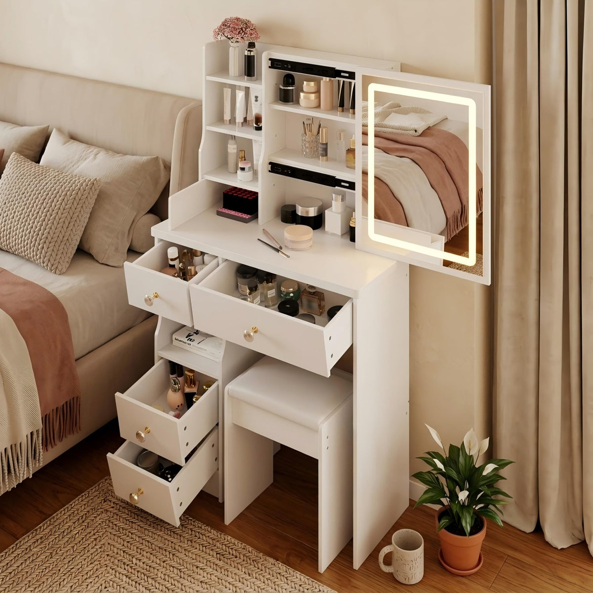 White Vanity Desk with Lighted Mirror and Stool Y34006