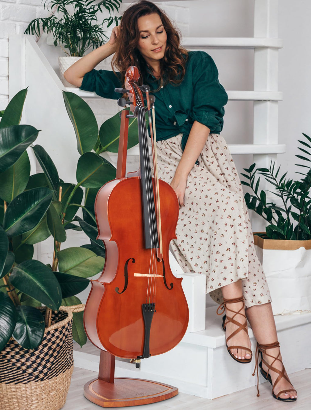 Mahogany Wood Cello Stand with Bow Holder W768
