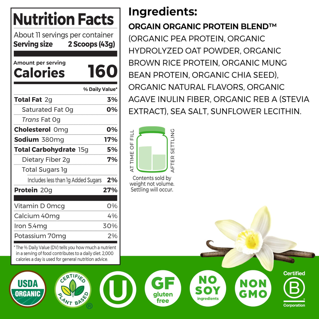 Organic Vegan Protein Powder + Oat Milk, Vanilla Bean, 20g Plant Based Protein, 1.05lb Z96412