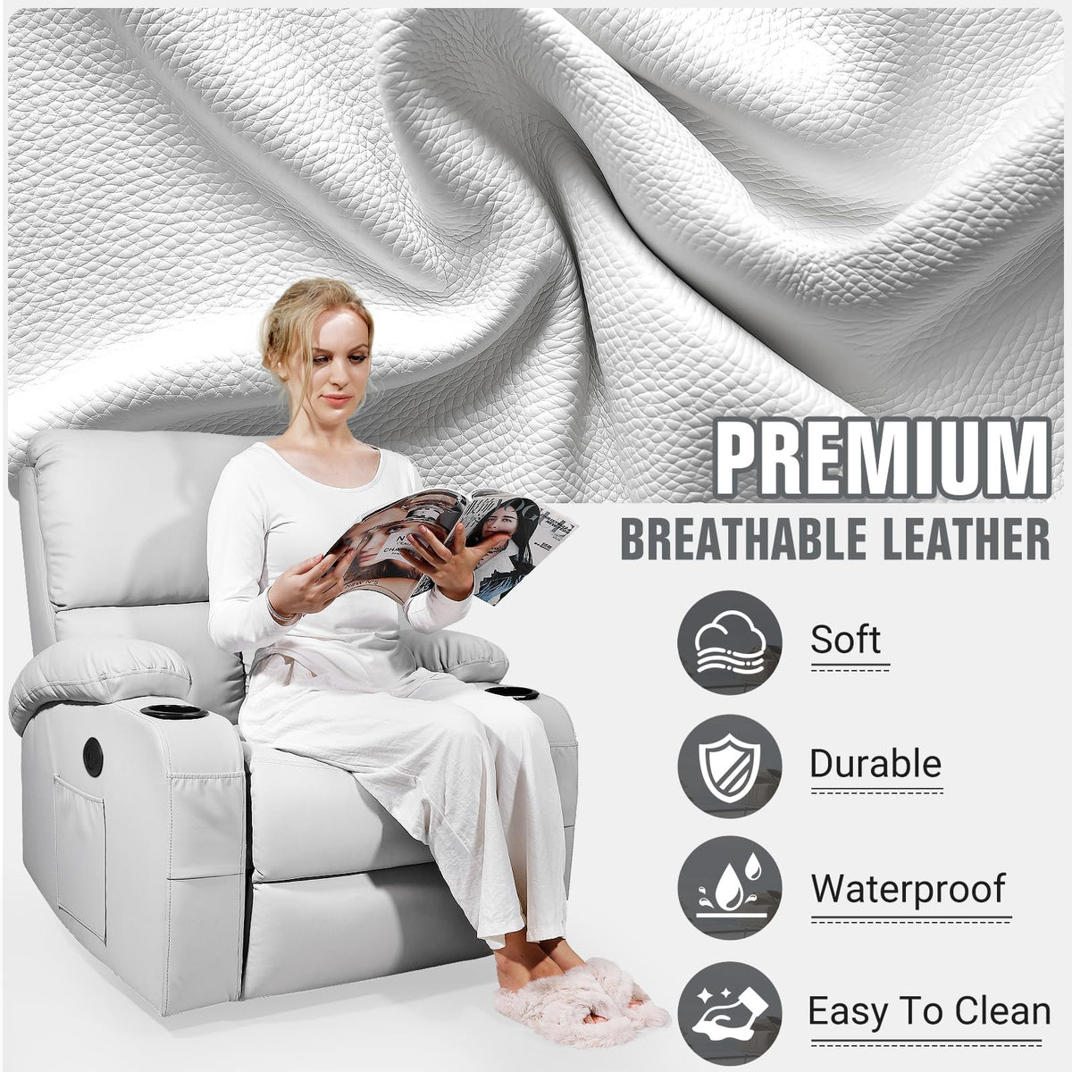 Light Grey Faux Leather Rocking Recliner Chair with Massage and Heat A8700