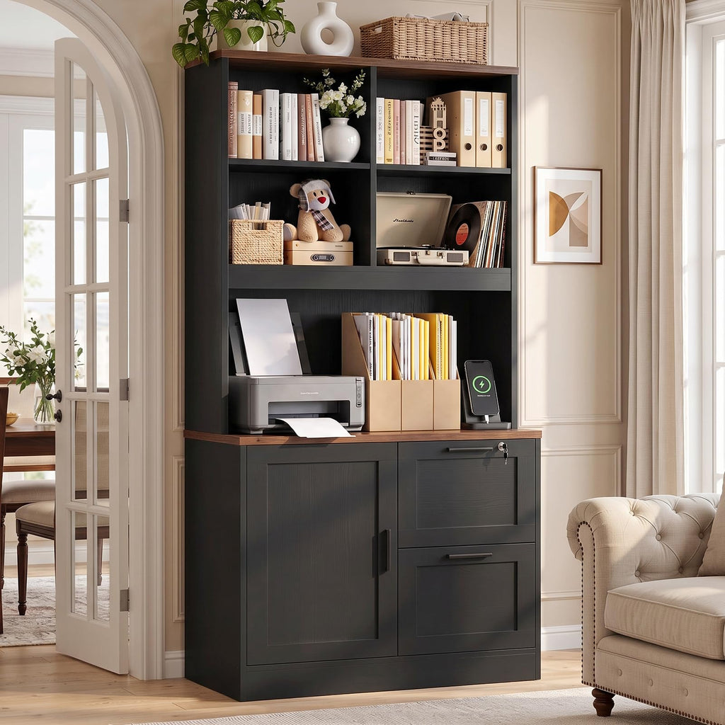 Black Vertical File Cabinet Bookcase with Printer Stand K4115