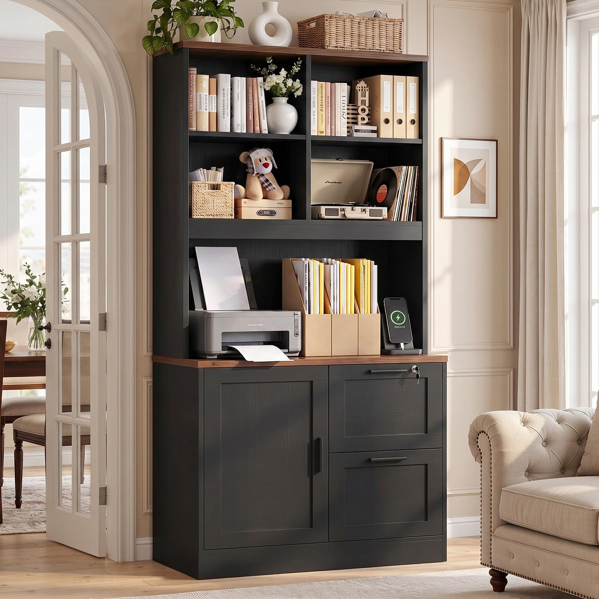Black Vertical File Cabinet Bookcase with Printer Stand K4115