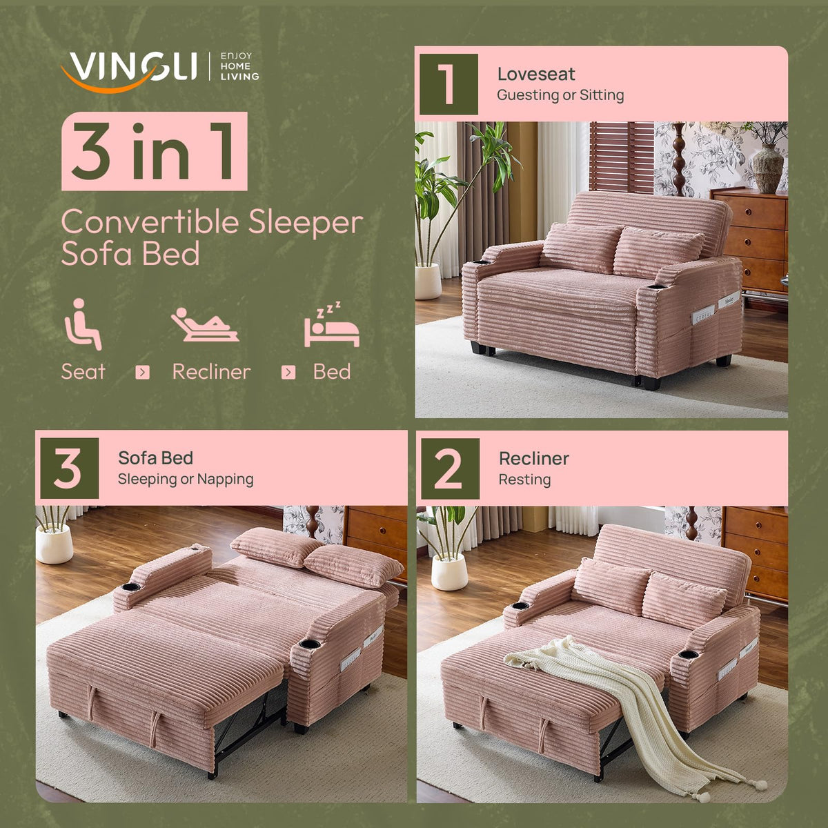 Loveseat Sleeper Sofa Couch with Pull Out Chair Bed L14480