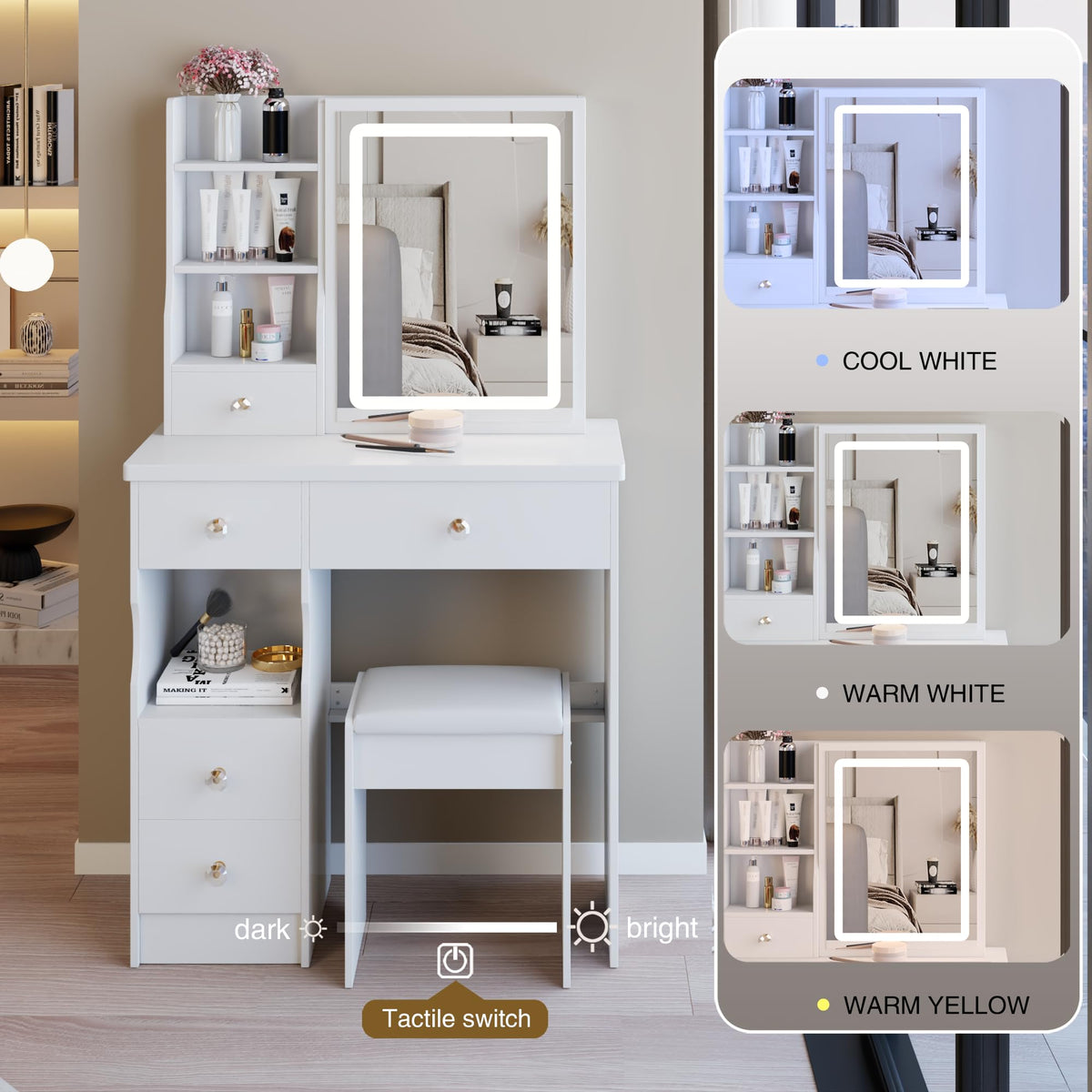 White Vanity Desk with Lighted Mirror and Stool Y34006