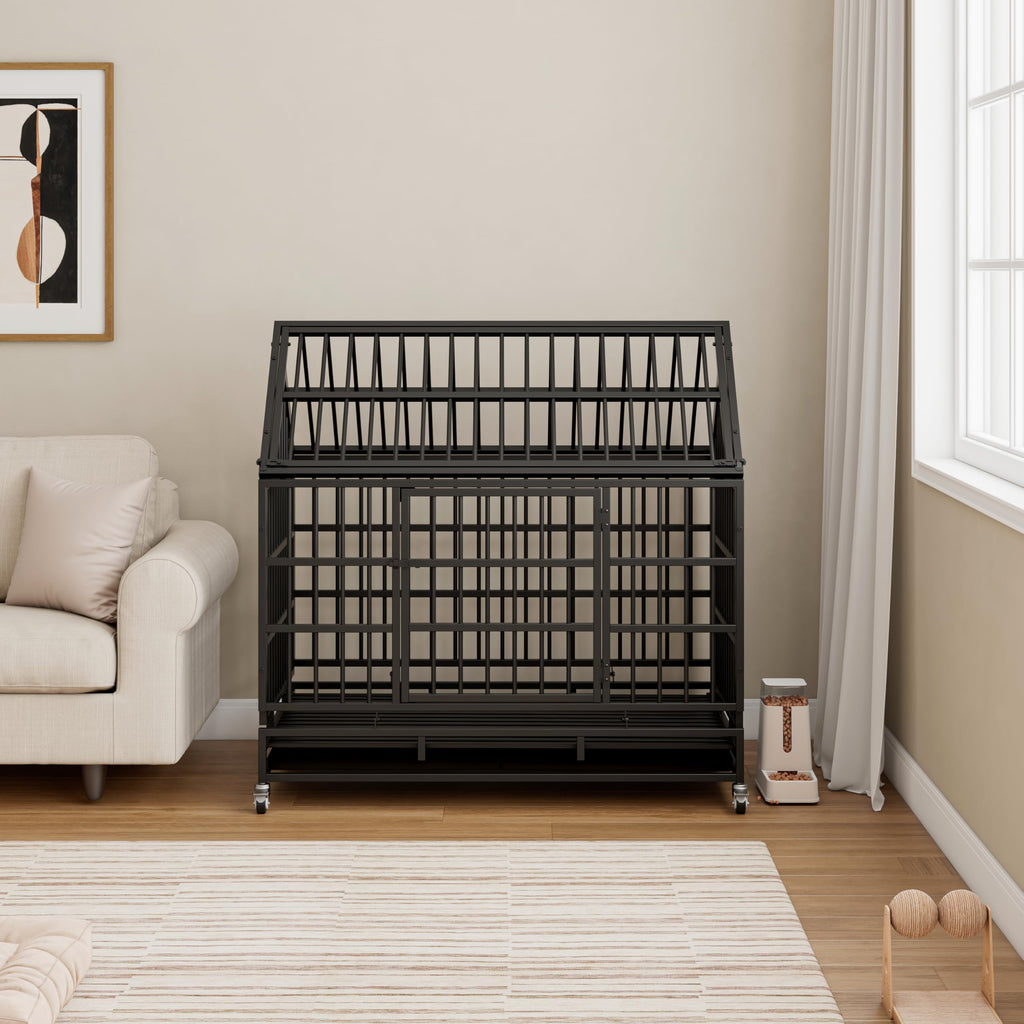 48 Inch Heavy Duty Collapsible Metal Dog Crate with Wheels J8582