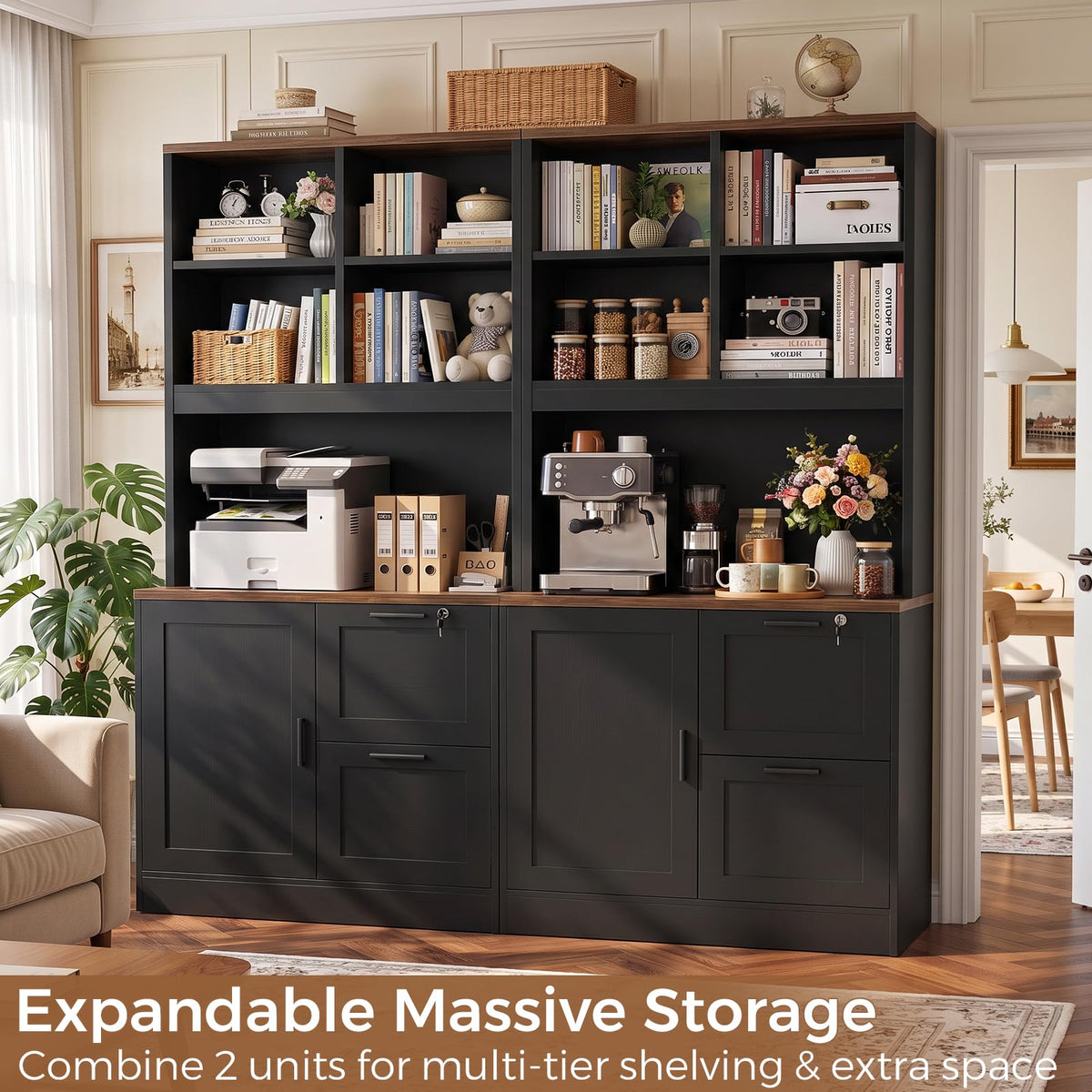 Black Vertical File Cabinet Bookcase with Printer Stand K4115