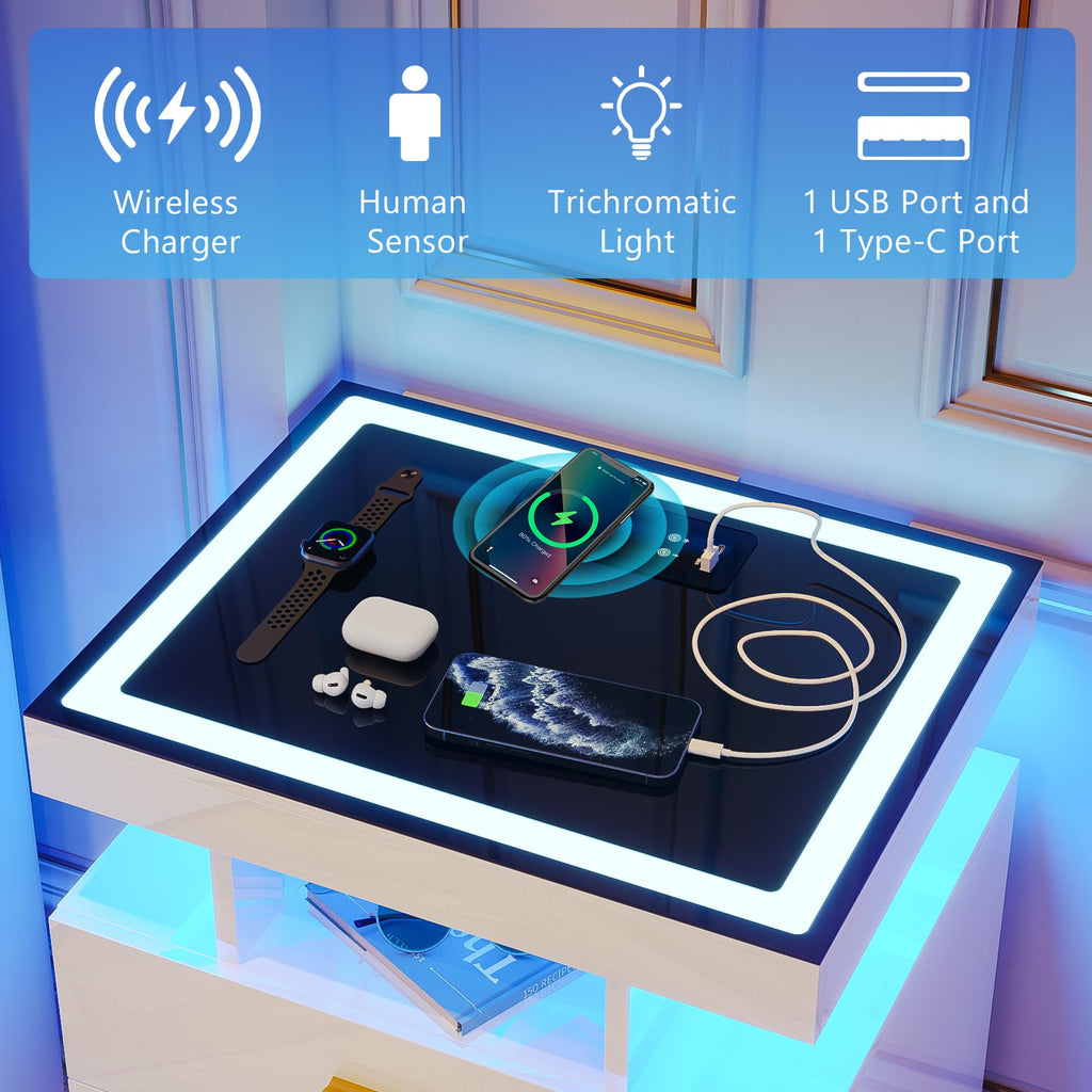 White LED Nightstand with Wireless Charging Station M85301