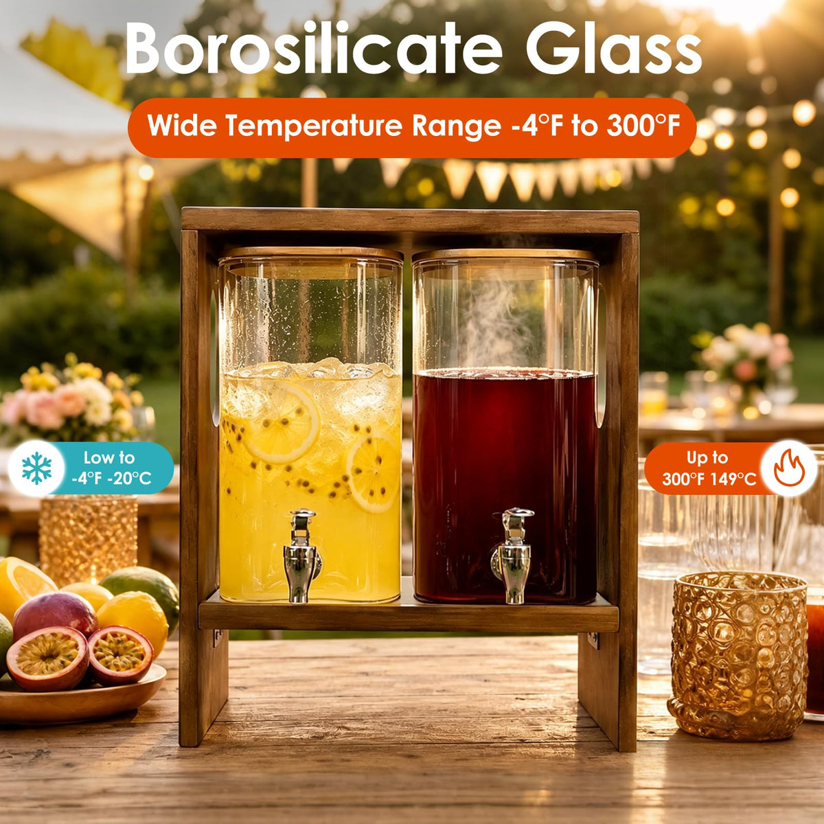 2 PCS 1.2 Gallon Glass Drink Dispenser with Stand and Serving Tray D5847