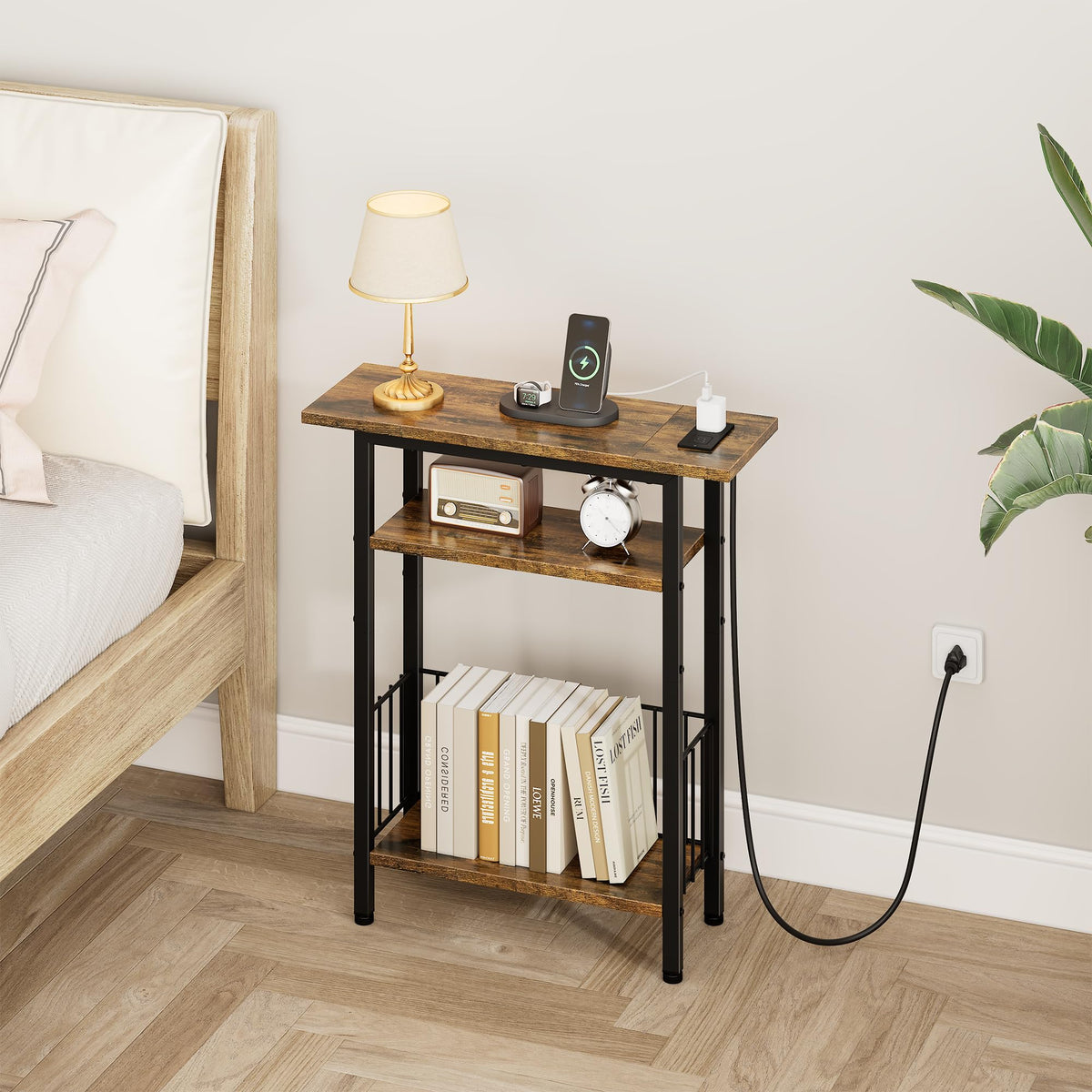Narrow 3-Tier Side Table with Charging Station T895