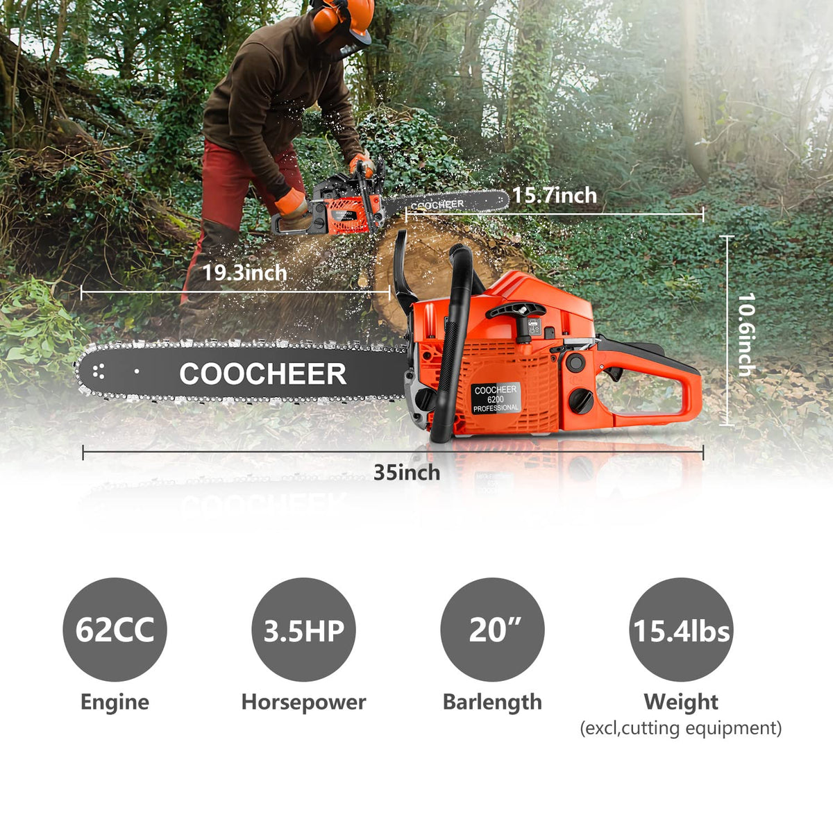 62CC 20 Inch 2-Cycle Gas Chainsaw with Carrying Bag L8213