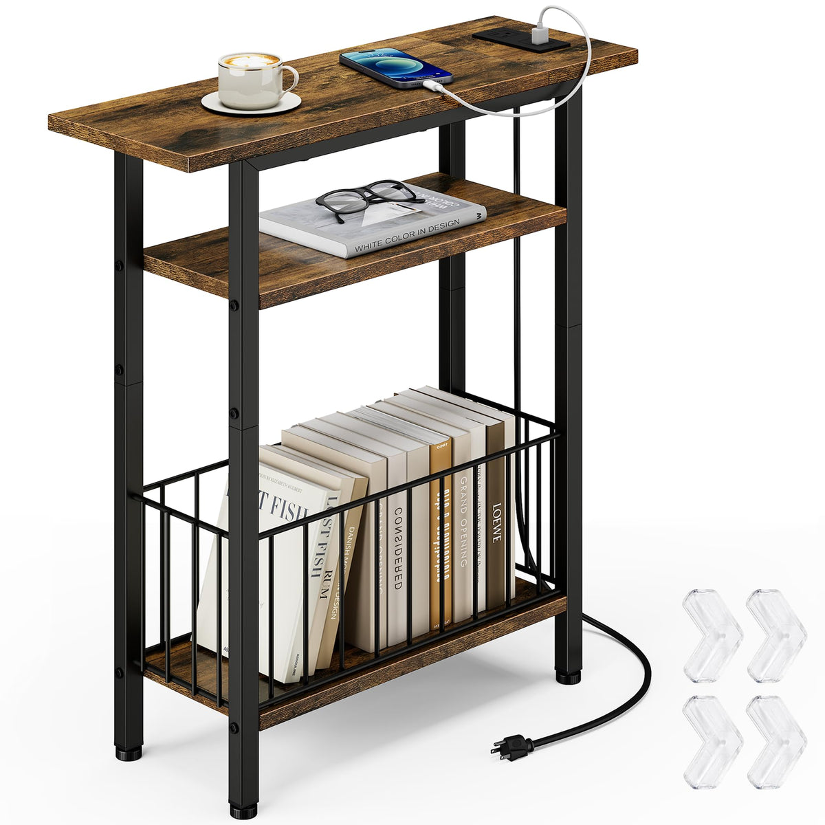 Narrow 3-Tier Side Table with Charging Station T895
