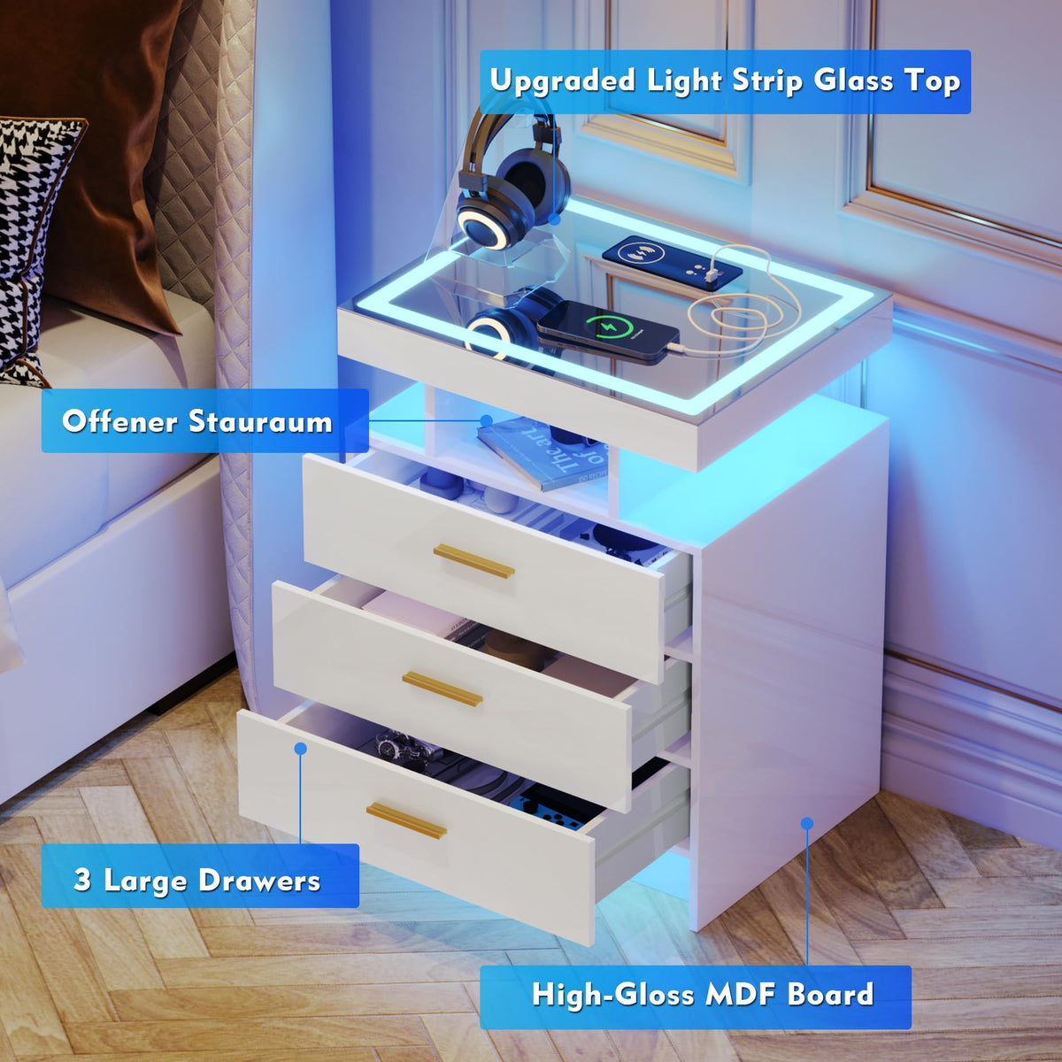 White LED Nightstand with Wireless Charging Station M85301
