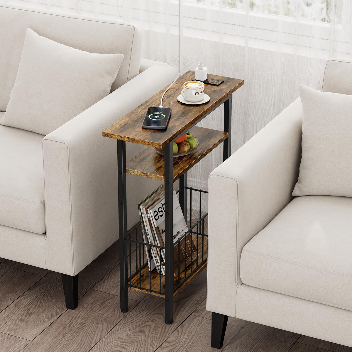 Narrow 3-Tier Side Table with Charging Station T895
