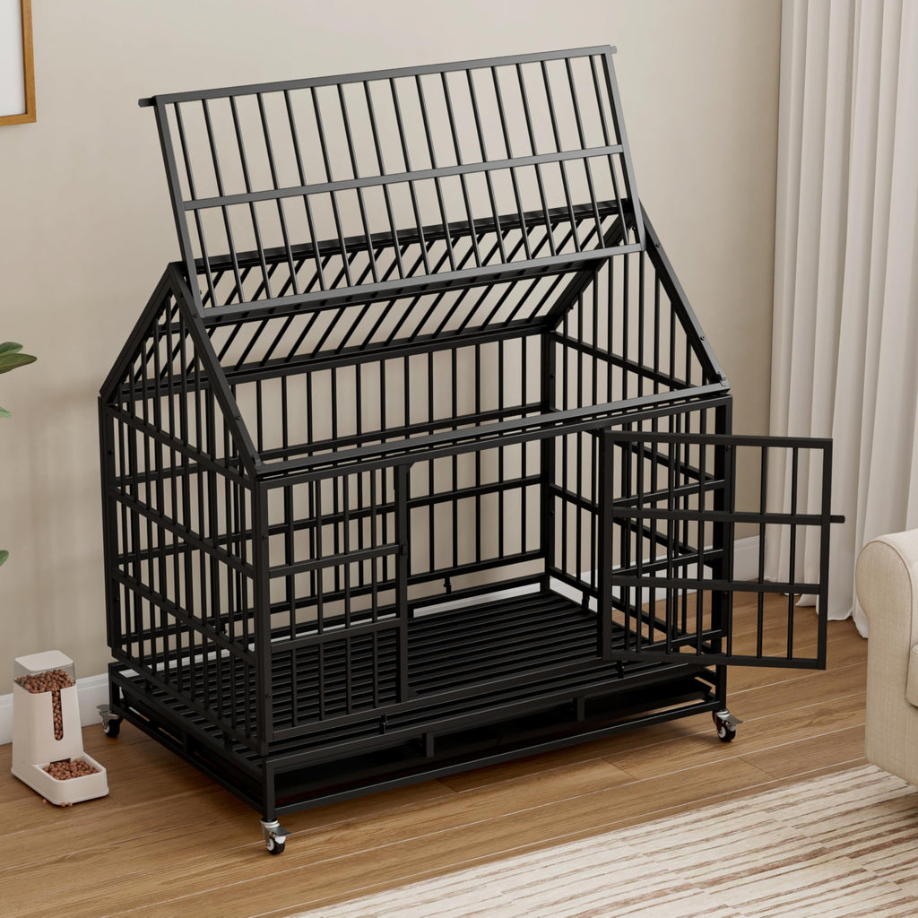 48 Inch Heavy Duty Collapsible Metal Dog Crate with Wheels J8582