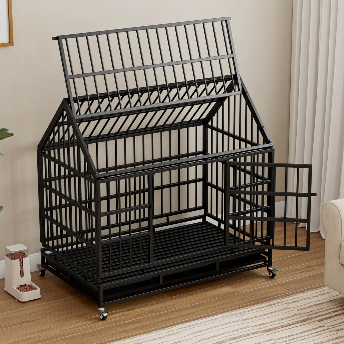 48 Inch Heavy Duty Collapsible Metal Dog Crate with Wheels J8582