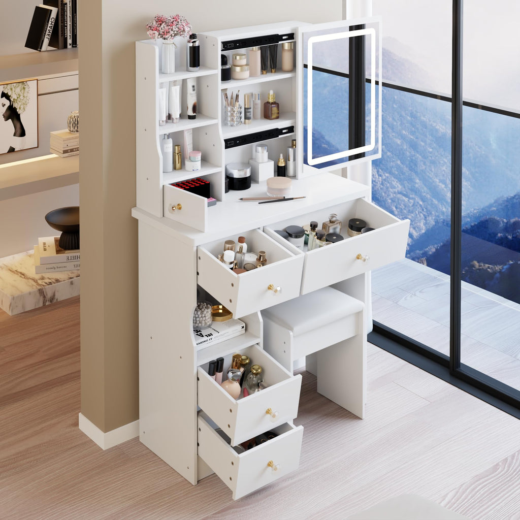 White Vanity Desk with Lighted Mirror and Stool Y34006
