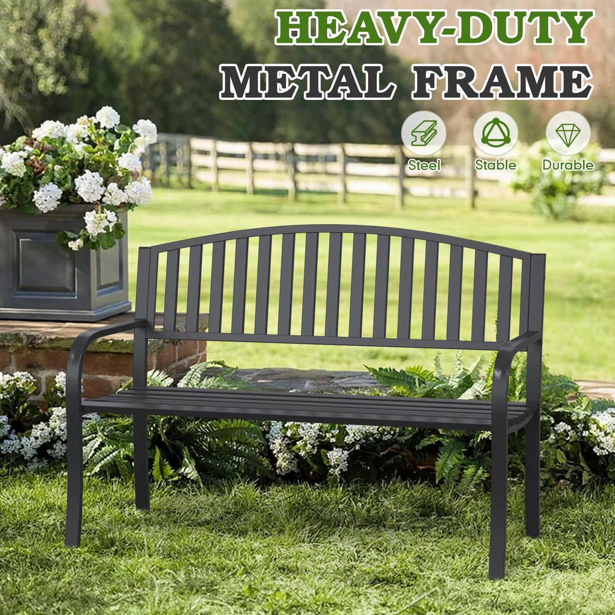 50" Iron Metal Outdoor Bench with Backrest and Armrests W811