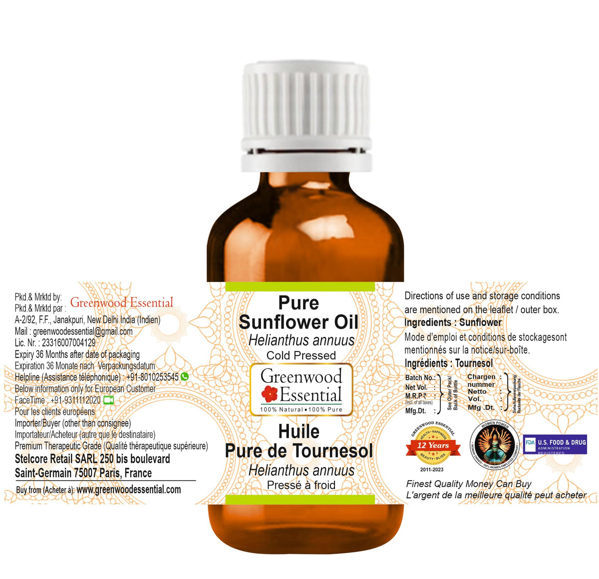 Pure Sunflower Oil Cold Pressed 30ml (1 oz) L58072