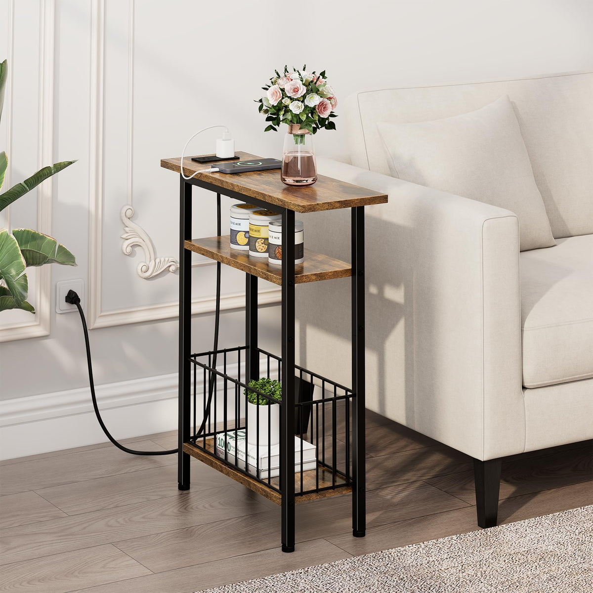 Narrow 3-Tier Side Table with Charging Station T895