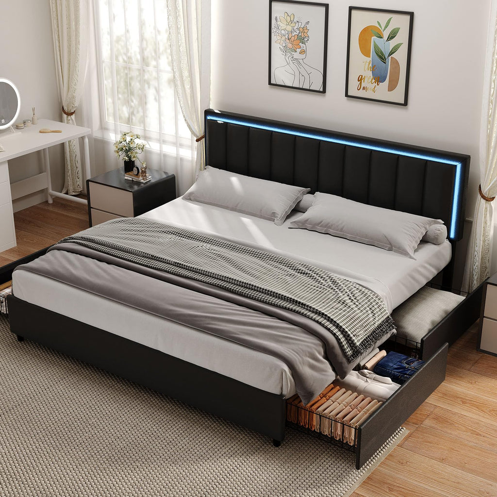 Black Full Size Upholstered Bed Frame with 4 Drawers and LED Lights X5537